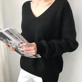 Winter V Neck Blue Thick Knit Pullover Women's Irregular Oversize Sweater Knitted Long Sleeve White Warm Sweaters