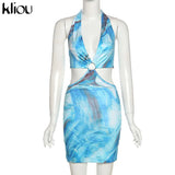 Kliou Tie Dry Two Piece Set Women 2021 Sexy Halter Sequined Beachwear Cleavage Crop Top+Mini Skirt Suit Female платье