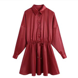 Women Vintage Red Silk Satin With Tied Turn Down Collar Mini Dress Female Fashion Causual Long Sleeve Club Party Night