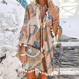 2021 Summer V Neck Tassel Beach Dress Spring Vintage Floral Print 3/4 Sleeve Party Dress Women Casual Loose A-Line Dress