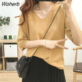 Women Half Sleeve T-shirts V-neck Solid Colorful Knitting Elegant Office Lady Simple Korean Style Females Soft Loose Tops Basic-Outfit