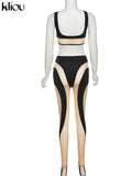 Kliou Mesh Patchwork Two Piece Set Women Skinny Hole Sleeveless Vest+Mid Waist See Through Leggings High Street Attirewear