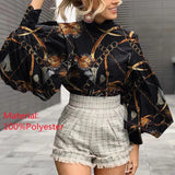 2022 Fashion Shirts Women Big Lantern Sleeve Bohemian Floral Print Blouse Casual Loose Stand Collar Office Elegant