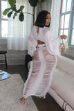 Hollow Out Hole Tassel 2 Piece Set Women Sexy Lace Up V Neck Crop Top + Long Skirts Skinny Club Party Beach Outfits 2023-Outfit