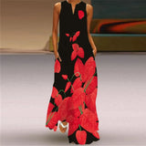 Flower Printed Long Summer Pocket Sexy V-neck Sleeveless Dresses for Women Party Bohemian Ankle-Length Vintage