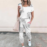 Casual Tie-dye Print 2 Piece Set O Neck Short Sleeve Tops And Drawstring Lace Up Long Pant Summer Sport Loose Female