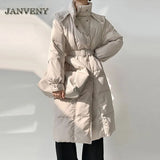 2022 New Winter Stand Up Collar Slimming Lace Up Long Puffer Jacket Women Thickened Warm Double Breasted Duck Down