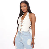 hirigin Black White PU Leather Sexy Crop Top Y2k Streetwear Halter Backless Lace Up Bandage Tank Tops Women Clothing