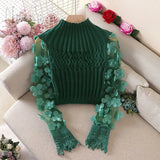Flower Puff Sleeve Women Sweater Slim Short Style Patchwork Round Neck Knitting Female
