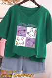Plus Size T Shirt 100% Cotton L-5XL Tshirt Short Sleeve Women Top 2023 Summer Cartoon T Shirt V Neck Oversized T Shirts-Outfit