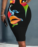 Figure Print Sleeveless U-Neck Bodycon Dress Women Spring Summer High Waist Slim Sheath Mini Dress-Outfit
