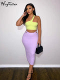 One Shoulder Yello Crop Top Purple Skirt Prom Dress 2 Pcs Matching Set Bodycon 2022 Summer Women Outfit Beach