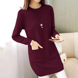 Sping Winter Women Black Sweaters Casual Solid O-Neck Long Sleeve Knit Sweaters Loose Pockets Mid Length Pullover Female