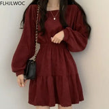 Chic Korea Feminine Vestidos Red New Year Hot Sales Winter Spring Basic Wear Cotton Blended A Line Little Black