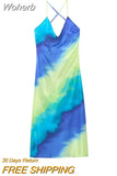 Contrast Color Silk Texture Midi Dress For Women Chic V-necked Off Back Sleeveless Vestidos 2023 Fashion Female Beach Robes-Outfit