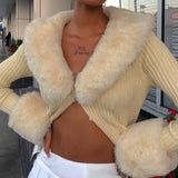 Solid Casual Women Y2K Cardigans Vintage Single-breasted Knit Sweaters Elegant Skinny Fur Collar Top Femme