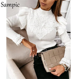 2020 Fashion White Lace Patcheok Ruffles Long Sleeve Skinny Knitted T Shirt Women Casual Sexy Black Autumn Basic