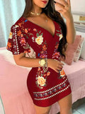 hirigin Women Elegant Dress Vintage Floral Print Ruffles Bodycon Dress for Party Cocktails Casual Mini Dress Vacation