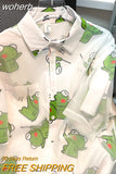 Korean Top Harajuku Summer Top Chiffon Blouse Woman Novelty 2023 Kawaii Cool Tops for Woman Cartoon Frog Print Shirt-Outfit