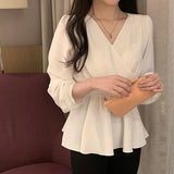 Korea Chic Tops Blusas Women Fashion Flhjlwoc Slim Elastic Waist Belly Peplum Design Ruffled V Neck Solid White Pink