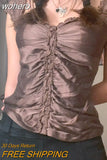 2000s Brown Satin T-shirt Y2K Vintage Fairy Grunge Button Lace-up Crop Top Cute Sweet Academia Alt Tees Women Outfits-Outfit