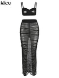 Kliou Mesh Two Piece Set Women Summer Sexy Wrapped Camisole+Bodycon See Through Pleated Skirt Maching Dress Suit Girl