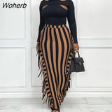 Women High Waist Striped Slim Maxi Skirt Tassels Detail Elegant Bottoms Skirts-Outfit