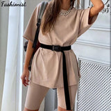 Solid Outfits Women's Two Piece Suit with Belt Home Loose Sports Tracksuits Fashion Bicycle Summer Hot Suit