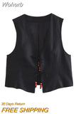 2023 Women Summer Vests Coats Casual Vintage Solid Beading V-Neck Female Elegant Street Waistcoat Vest Clothing-Outfit