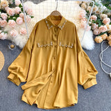 Summer New Chiffon Shirt Female Lapel Bubble Sleeves Loose Show Thin Nail Bead Versatile-Outfit