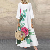 Autumn O Neck 3/4 Sleeve Floral Maxi Dress Women Bohemian Printed Sundress Casual Holiday Beach Long Vestidos Kaftan