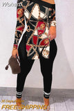 Of Two Fashion Pieces For Women Long Sleeve Slit Letter Print Top & Skinny Pants Set Daily Tracksuit FreteGratis-Outfit
