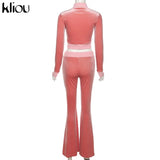 Kliou Solid Velour Two Piece Set Women Simple Casual Zipper Long Sleeve Turtleneck Top+Bandage Lace Slim Female Wide Leg