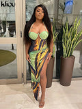 Kliou Aesthetic Print Maxi Dresses Women Fashion Sleeveless Lace up Backless Cleavage Body-Shaping Robe Partywear Female