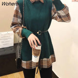 Plaid Shirts And Knitted Vests 2 Piece Sets Tops Women Fall Long Sleeve Shirts+solid Sweater Waistcoats Suits With Belts-Outfit