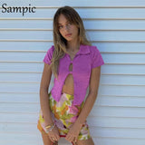 Fashion Chic Casual Summer Ladies Single Breasted Sexy Short Sleeve Cropped Blouse Tops 2021 Women Y2K Club Blouse