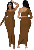 Sexy Hollow Out One Shoulder Irregular Top and Slit Long Skirt 2 Ppiece
