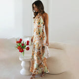 Elegant Half High Collar Floral Print New In Dresses For Women 2023 Vintage Sexy Off Shoulder Backless Lace Up Long Dress-Outfit
