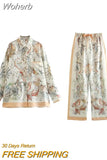 2023 Women Summer 2 pieces sets Fashion Print Blouses Shirts Tops and Trousers Female Satin Casual Elegant Suits Clothin-Outfit