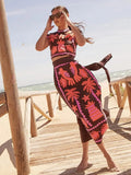 Women Vintage Print High Waist Slit Skirt Suit Elegant O-neck Short Sleeves Cropped Top Set 2024 New Summer Lady Chic Streetwear-Outfit