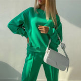 Casual Solid Tracksuit Loose Long Sleeve Pullover Sweatshirt And Elastic Wide Leg Pant Two Pieces Set Fashion Female