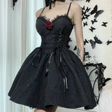 Dark Tie Up Mall Gothic Elegant Women Dresses Grunge Aesthetic Jacquard A-Line Dress Emo Lace Trim Black Party Alt Clothes-Outfit