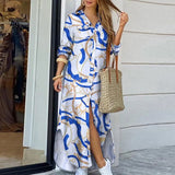 Long Shirt Dress Autumn Letter Print Irregular Beach Maxi Dress Elegant Turn Down Collar Long Sleeve Split Female