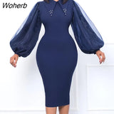 winter Elegant Lantern Sleeve Slim Dress African women Fashion Solid Peter Pan Collar Pearl Party Dress Women-Outfit