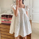 Woherb Korean Chic Summer New Style Small Pure And Fresh And Sweet Show Thin Jacquard Loose Reduce Age Flounce Square Collar Dress Female-Outfit