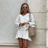Woherb Women's Summer New Set Beige Long Sleeve Loose Casual Shirt High Waist Shorts Two-Piece Set-Outfit