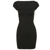 Puss New Hollow Mini Dress Women Solid Square Collar Short Sleeve Backless Elastic Skinny Bodycon Casual Vacation