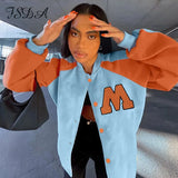 Patchwork Autumn Winter Letter Embroidery Women Baseball Jackets Varsity Y2K Oversized Fashion Loose Bomber Coat