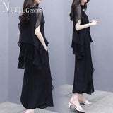 Summer Plus Size Chiffon Women Sets Blouse And Wide Leg Pants Female