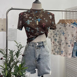 Shooting Retro Tie-Dye Double-Layer Mesh Half-High-Neck Short-Sleeved T-Shirt T-Shirt Short-Sleeved T-Shirted Woman